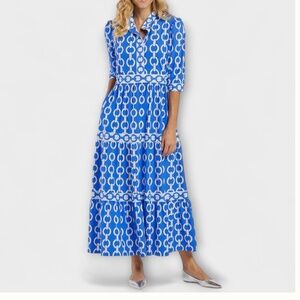 Spring & Summer Blue and White Chain Pattern Dress